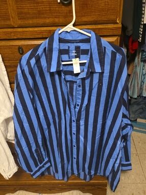 aerie Blue and Black Vertical Stripe Button-Down Shirt